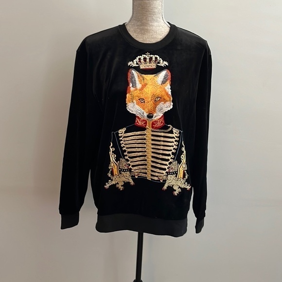 Dolce and Gabbana Black Velvet Royal Fox Sweatshirt in size Medium.  Unisex - Picture 1 of 6